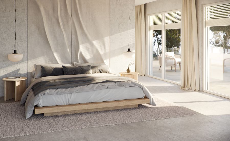 camera da letto con grandi finestre