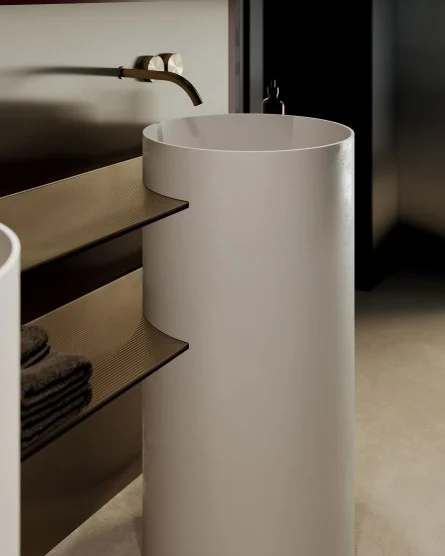 progetto bagno con sistema in cristallo integrato al lavabo