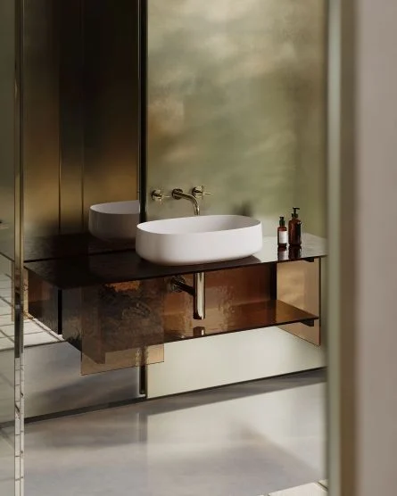 sistema in cristallo integrato con lavabo